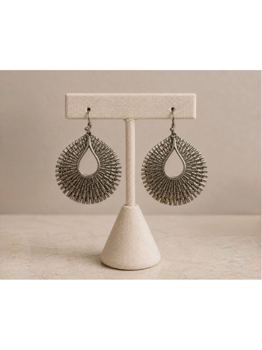 Boho Silver Tone Open Teardrop Sunburst Statement Drop Earrings